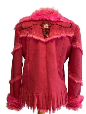 Pink Faux Fur Trimmed women Jacket Fringe & Studs Small western cowgirl Barbie